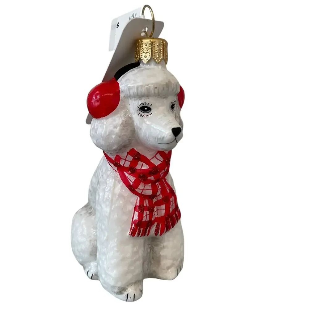 Neiman Marcus White Poodle Wearing Red Scarf & Earmuffs Christmas Ornament NEW